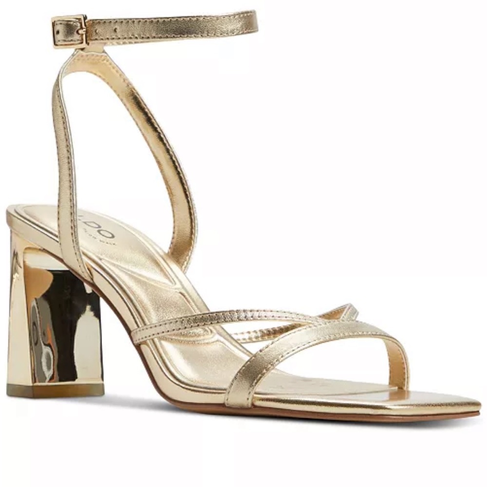 Aldo Metallic Gold Strappy Block Heel Sandals with Ankle Strap